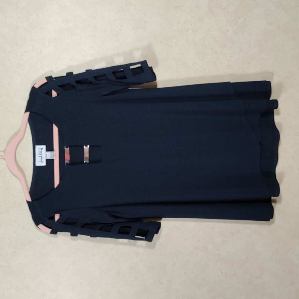 5096 Joseph Ribkoff navy blue knit blouse w/ladder sleeves 6
